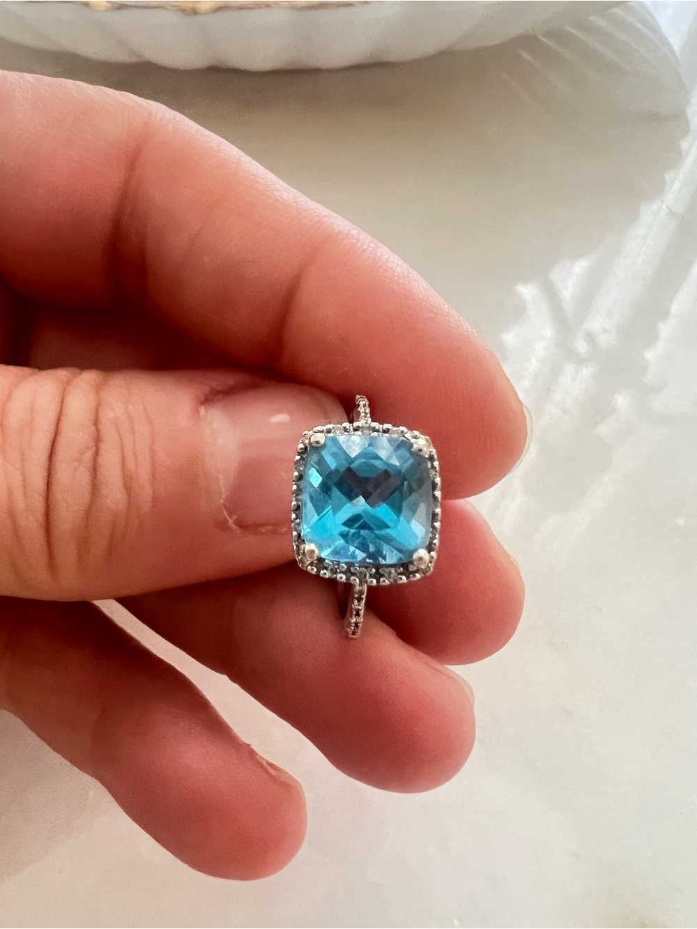14k gold Blue Cushion-Cut Halo Ring with genuine diamonds - Women Jewelry